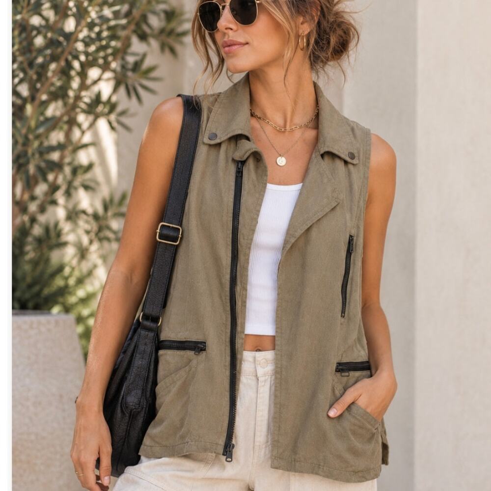 Urban Outfitters Chandi & Lia Linen Utility Vest M Khaki Safari Moto Zip Pockets